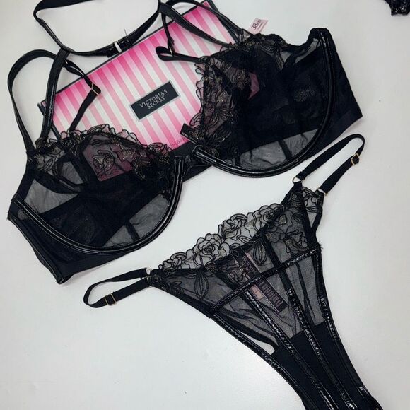 🔥Victoria's Secret Sheer Black Lace Bra Set bra 38DD / panty Large New